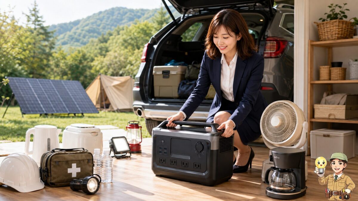キャンプ用の車や防災用品を背景にポータブル電源の重さや用途を確認しながら選ぶ場面