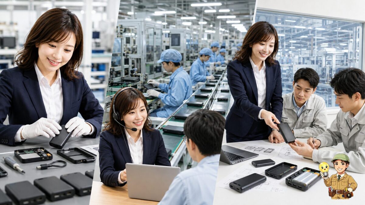 国内工場での製造、海外工場と国内サポート、国内での設計という異なる場面を並べた様子