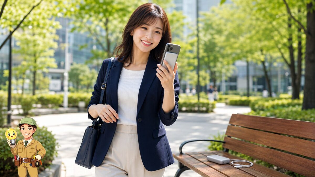 スマートフォンの背面に薄型の磁気式モバイルバッテリーを装着し、ケーブルなしで操作する人物