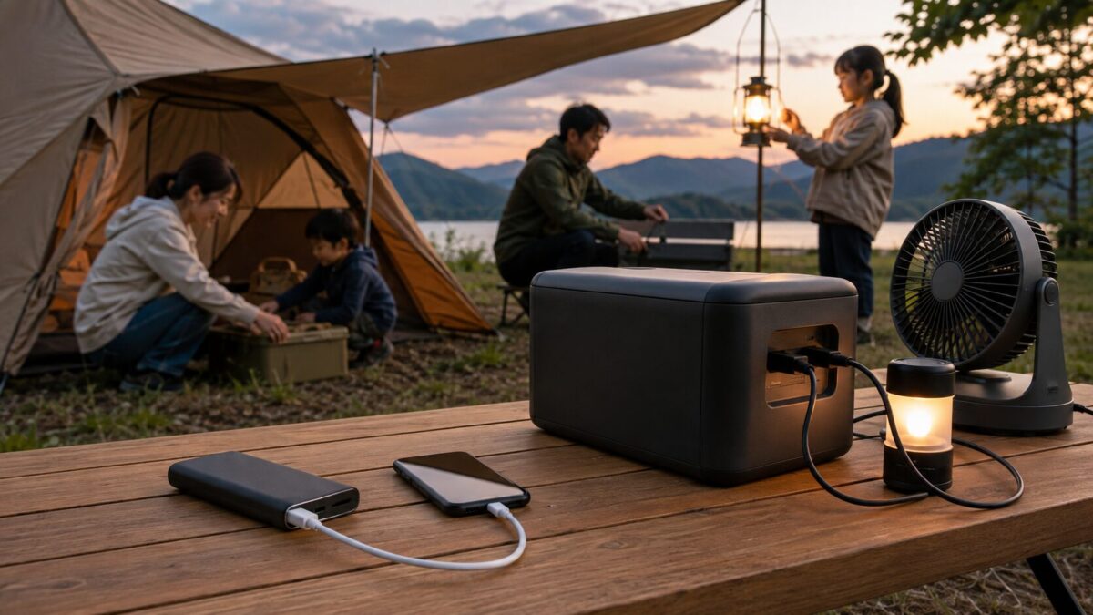 キャンプ場でスマートフォン用の小型モバイルバッテリーと家電用のポータブル電源を使い分ける家族