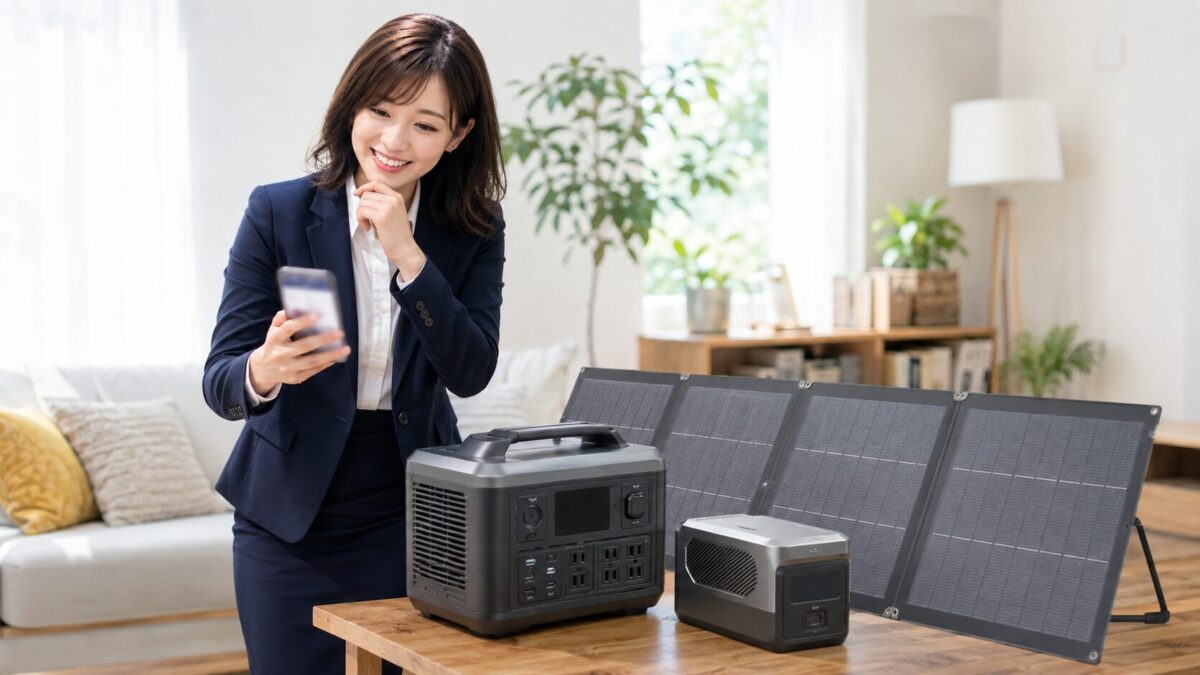 ポータブル電源と付属品を前に複数の端末で購入条件を比較する人物