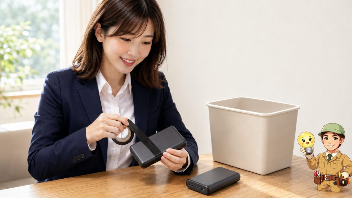 古いモバイルバッテリーの端子をテープで保護し、新しいバッテリーと分けて回収準備をしている場面