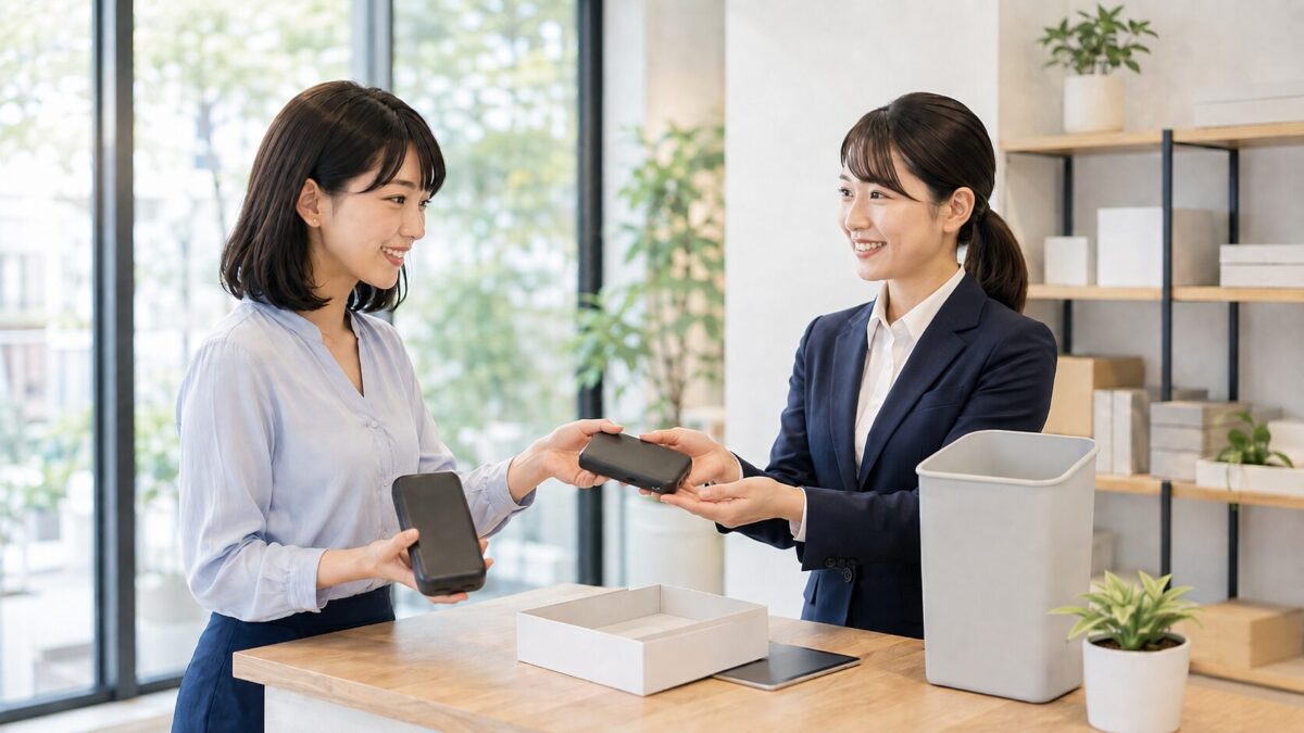 家電サポート窓口で使用済みモバイルバッテリーを回収スタッフへ渡し、新しい製品を受け取る利用者
