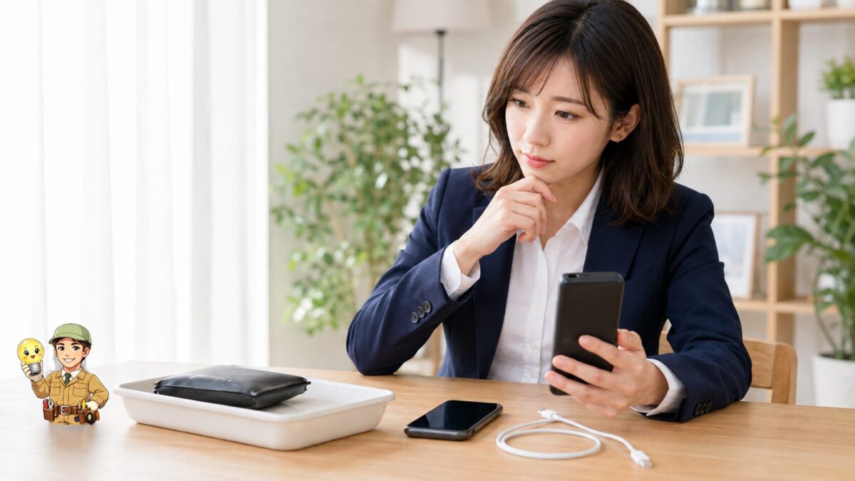 膨張したモバイルバッテリーの使用を中止し正常な新品へ交換する人物