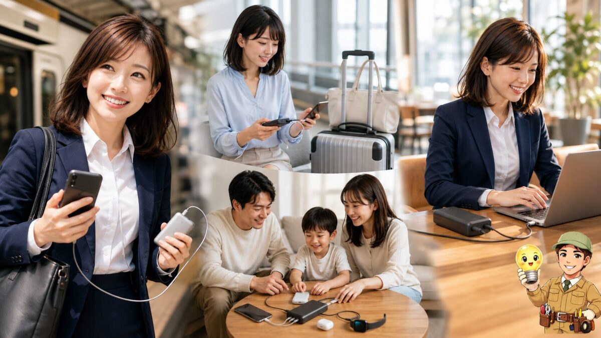 通勤、旅行、複数機器、ノートパソコン作業の各場面で、用途に合うモバイルバッテリーを使う人々