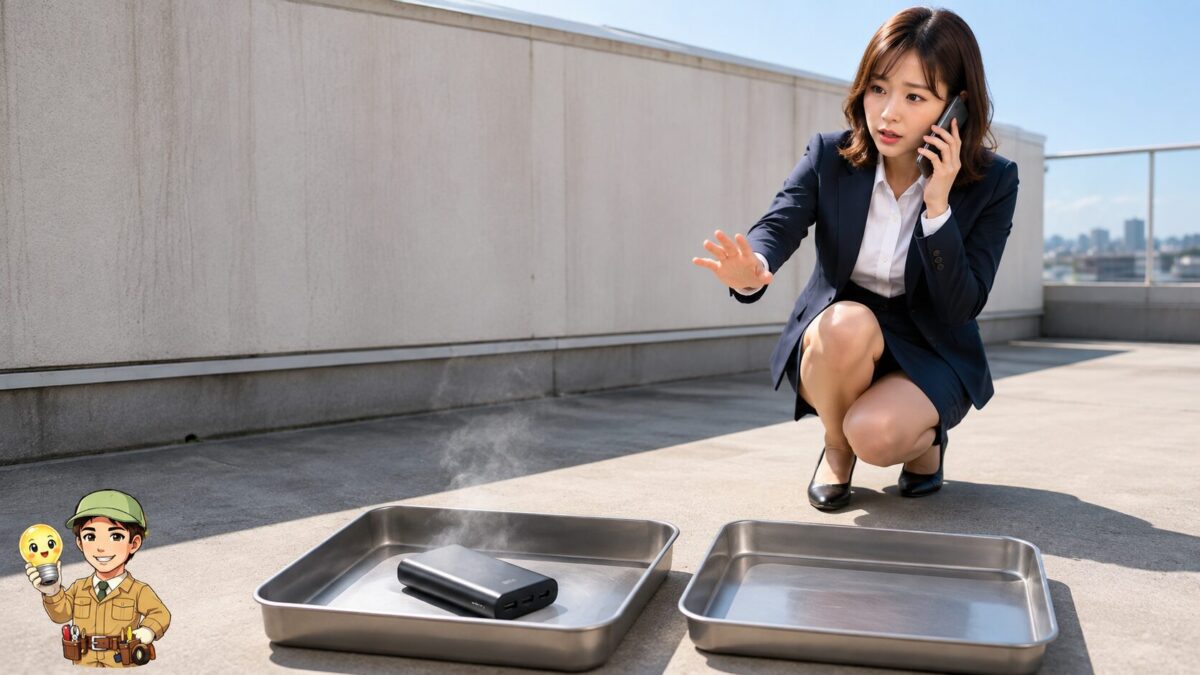 異常のあるモバイルバッテリーを屋外の金属容器に隔離し、安全な距離から連絡する人物