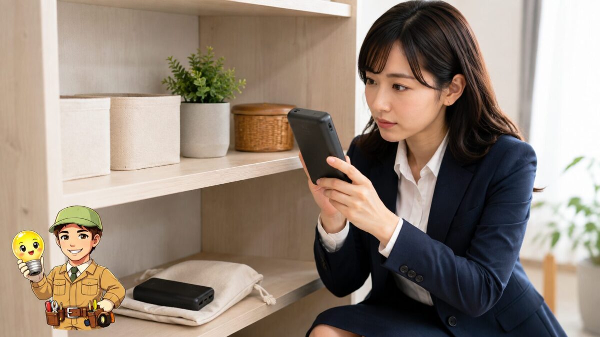 涼しく乾燥した棚でモバイルバッテリーの変形や膨張を定期点検する人物