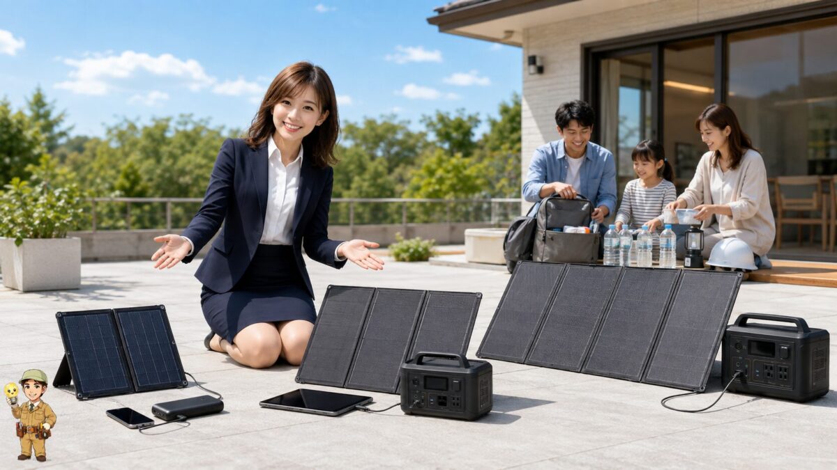 スマートフォン用の小型パネルからポータブル電源用の大型パネルまで用途別に並べた屋外の様子
