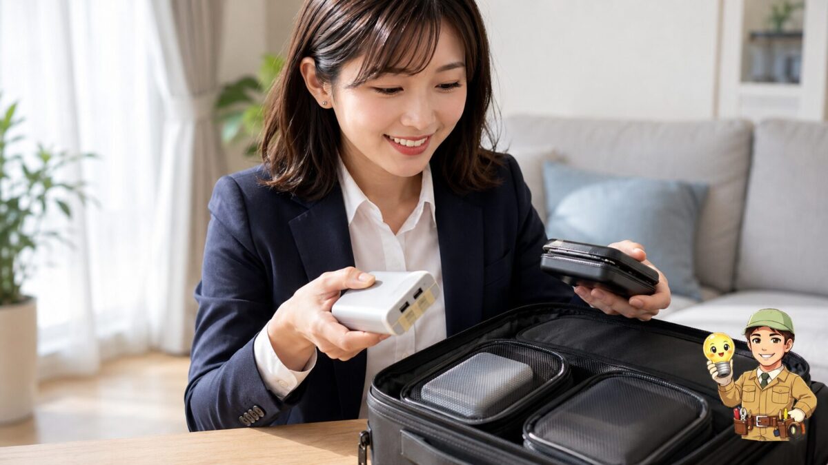 旅行前に膨らんだバッテリーを取り除き、正常な2台の端子を絶縁して別々のポーチに収納する場面

