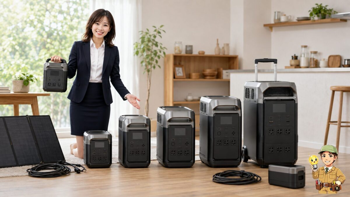 小型から大型まで複数のポータブル電源を並べて大きさや持ち運びやすさ、拡張性を比較する場面