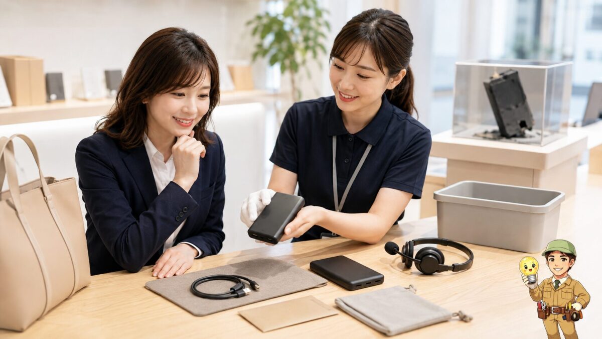 家電カウンターでモバイルバッテリーの状態や付属品、保証対応、回収体制を確認する利用者