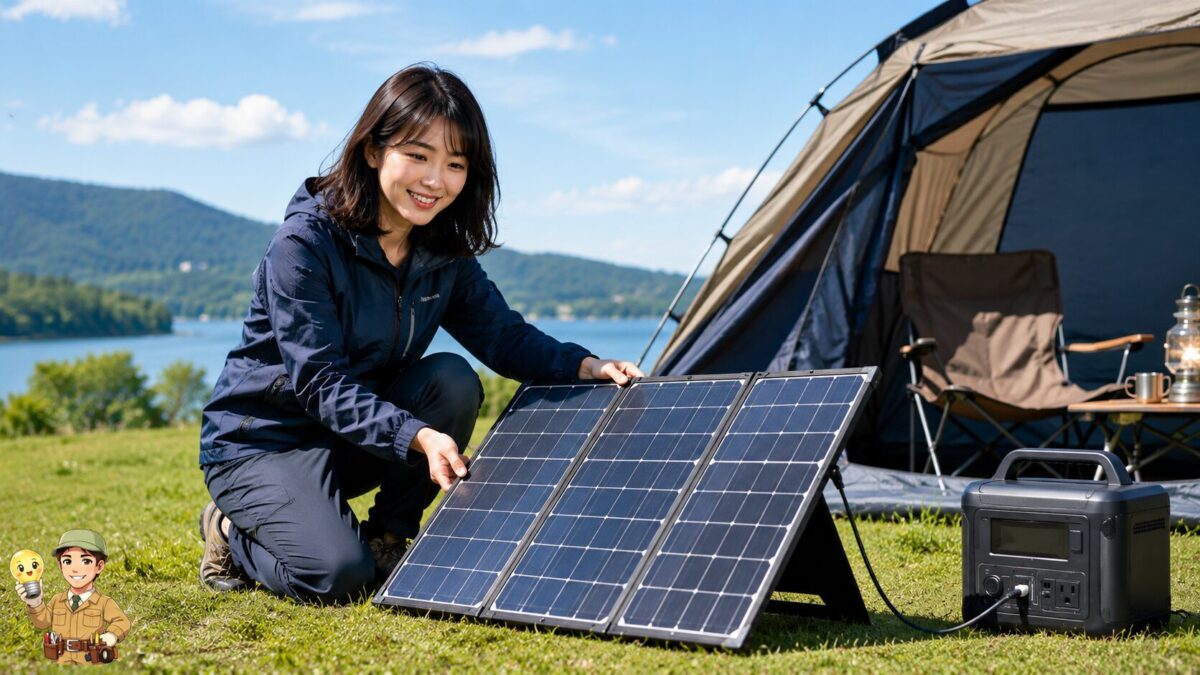 キャンプ場でスタンド一体型ソーラーパネルを広げ、電源へ簡単に接続する初心者